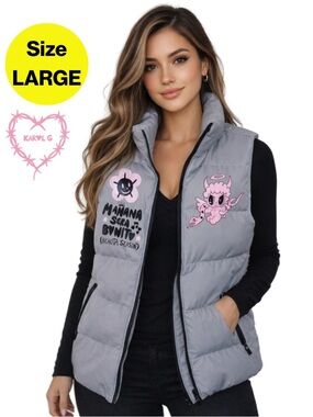 KAROL G 🌸 Gray Sleeveless Puffer Vest, Mañana Será Bonito (Women’s Large)